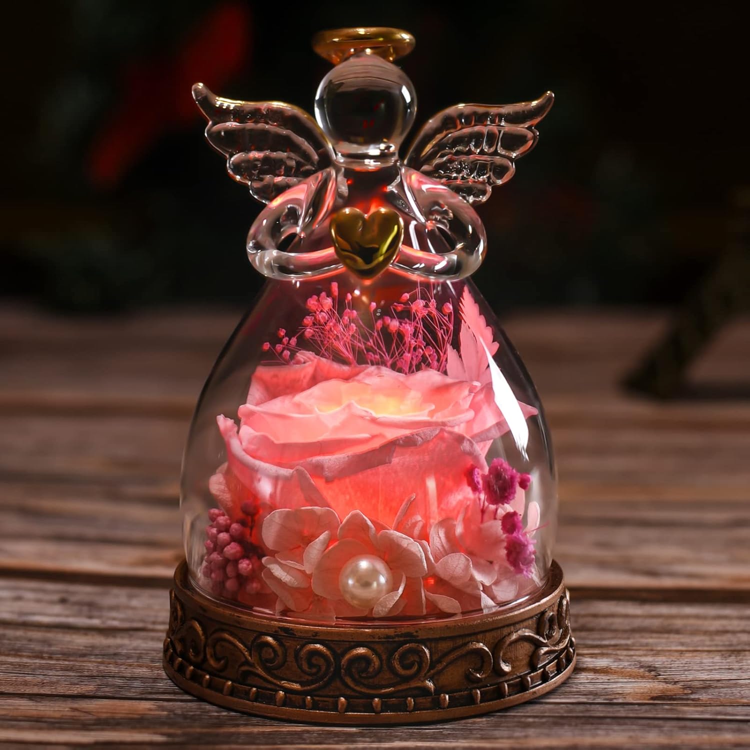 Dried & Preserved Flora - Aastin Angel Gifts for Women, Mom, Grandma, Preserved Real Rose in Glass Angel Figurine with LED Light, 1PSC Rose Gifts on Christmas, Birthday, Mother's Day, Valentine's Day (Pink)