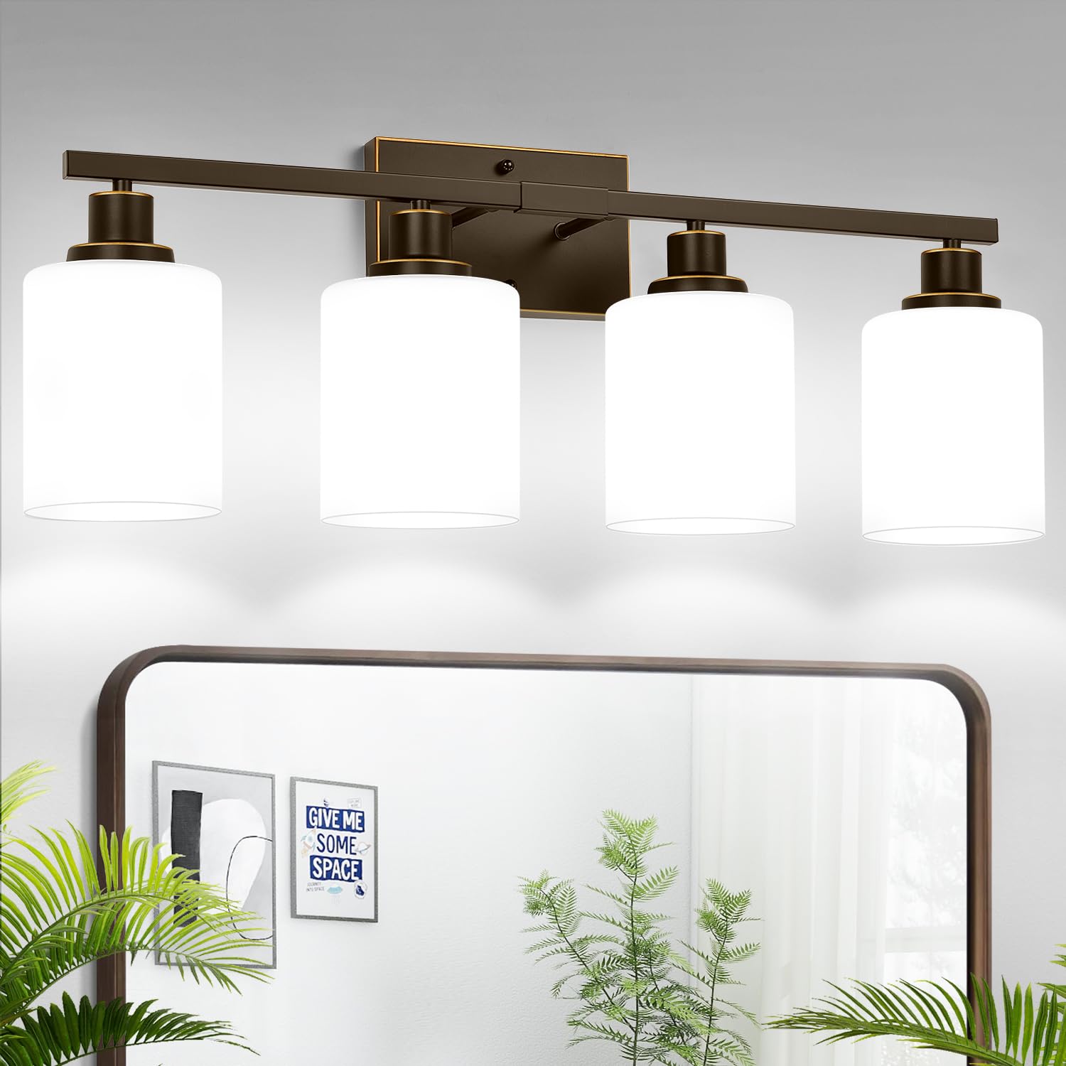 Photo 1 of 4-Light Bathroom Light Fixtures, Vanity Light with Milky White Shades, Oil-Rubbed Bronze Bathroom Light Fixtures Over Mirror, Modern Bathroom Wall Lamp for Mirror Living Room Cabinet Bedroom