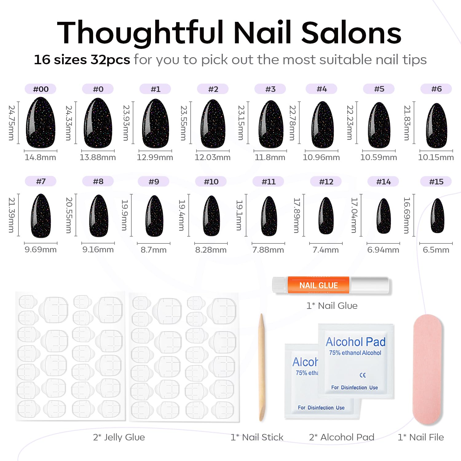 Modelones 32Pcs Sparkle Black Press on Nails Almond, Glitter Short Almond Fake Nails, Reusable Nail Kit with Nail Glue Adhesive Tabs Mini Nail File, Nails Press Ons 16 Sizes - Image 4