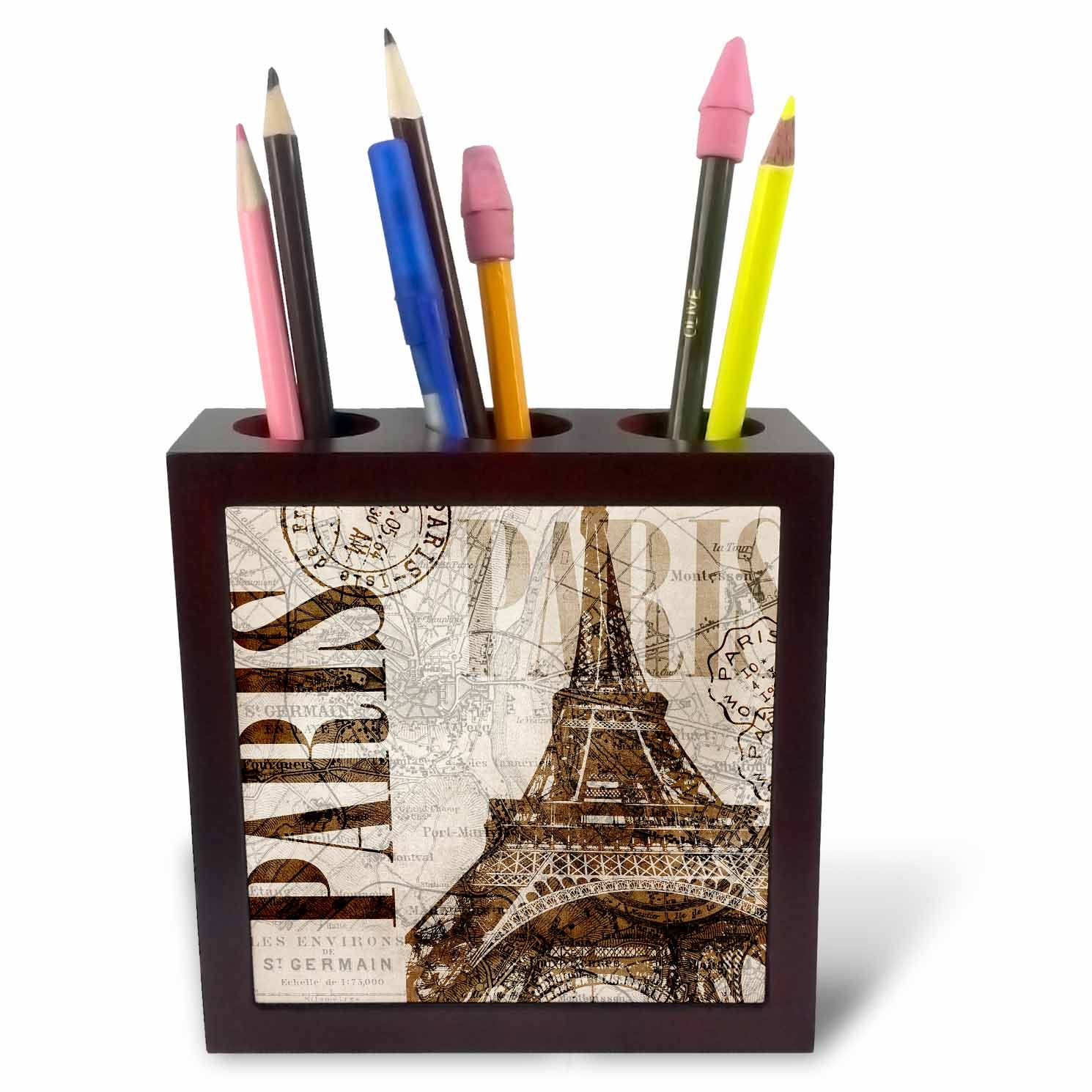 3dRose Watercolor Paris Illustration with Eiffel Tower - Tile Pen Holder, 5-Inch (Ph_268320_1)