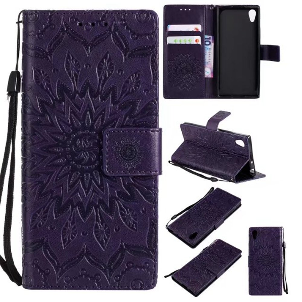 JOMA-E Shop Sony Xperia XA1 Phone Case,Stand Flip Wallet Case with Credit Card Holder & Wrist Strap Sunflower Pattern PU Leather Case for Sony Xperia XA1 (Purple)