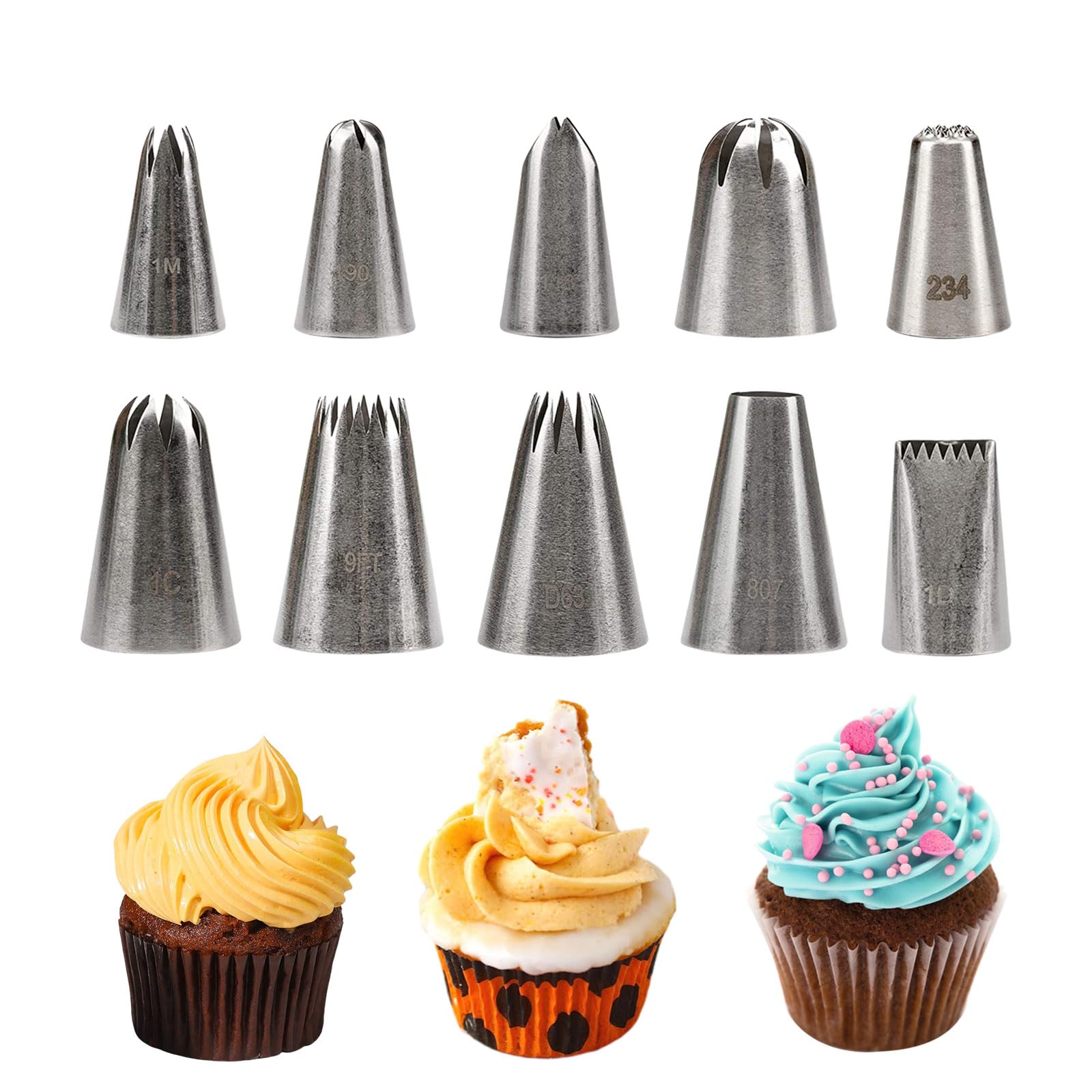 Piping Tips, 10 Pcs Stainless Steel Flower Grass Round Icing Piping Nozzles Large Cake Decorating Tips Set Baking Tools for Cream Cupcake Cookie