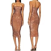 Capuffy Women Strapless Sequin Fantasy Midi Dress Sleeveless Tube Bodycon Club Dress Sparkly Glitter Cocktail Party Dress 77