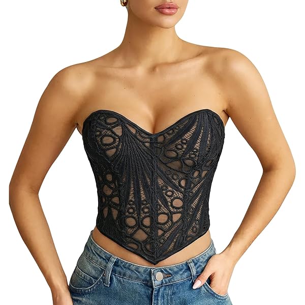 LEACOOLKEY Lace Corset Top for Women Sexy Sheer Floral Bustier
