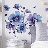 Blue-Purple Ink Daisy Violets Flower Wall Stickers, sacinora Butterfly Floral Art Wall Decals Removable Vinyl Peel and Stick for Living Room Bedroom Nursery Children's Room Decorations