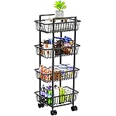 Simple Trending 4 Tier Rolling Fruit Vegetable Basket Cart, Metal Wire Kitchen Storage Organizer on Wheels for Bread Onion Potatoes, Black