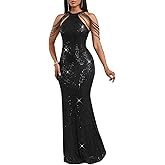 Cololura Women Sexy Elegant Sequin Tassel Off Shoulder Halter Bodycon Maxi Dress Party Evening Gown Formal Dress