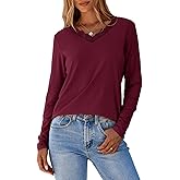 Dokotoo T Shirts for Women Casual Long Sleeve V Neck Lace Trim Tops Lightweight Solid Color Basic Tees Blouses
