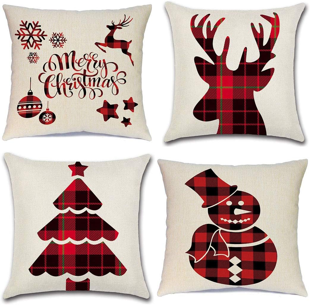 LIYACHAO Farmhouse Christmas Decor Buffalo Plaid Pillow Covers Cotton Linen Merry Christmas Deer,Christmas Tree and Snowman Home Decor Throw Pillow Covers Cushion Covers 18x18 Set of 4