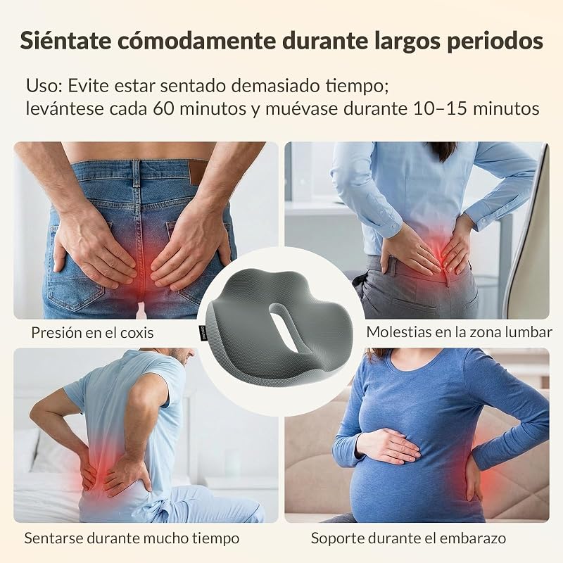 Almofada de cadeira de escritório, almofada ergonómica para cóccix viscoelástico de espuma, almofada ideal para cadeira de computador, jogos e carro, capa lavável, cinzento, 44×37x10,5 cm