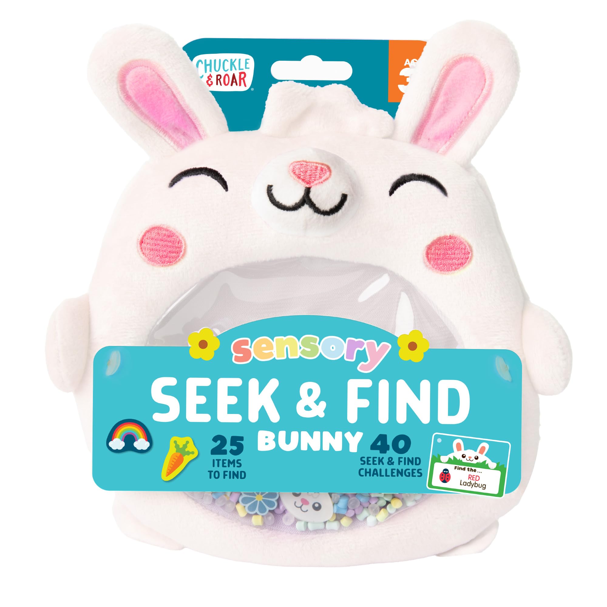 Chuckle & Roar Plush Bunny Rabbit Seek & Find Toy with Hidden Objects, Picture Challenge Cards & Storage Pouch, Sensory Learning Toy for Kids Ages 3+