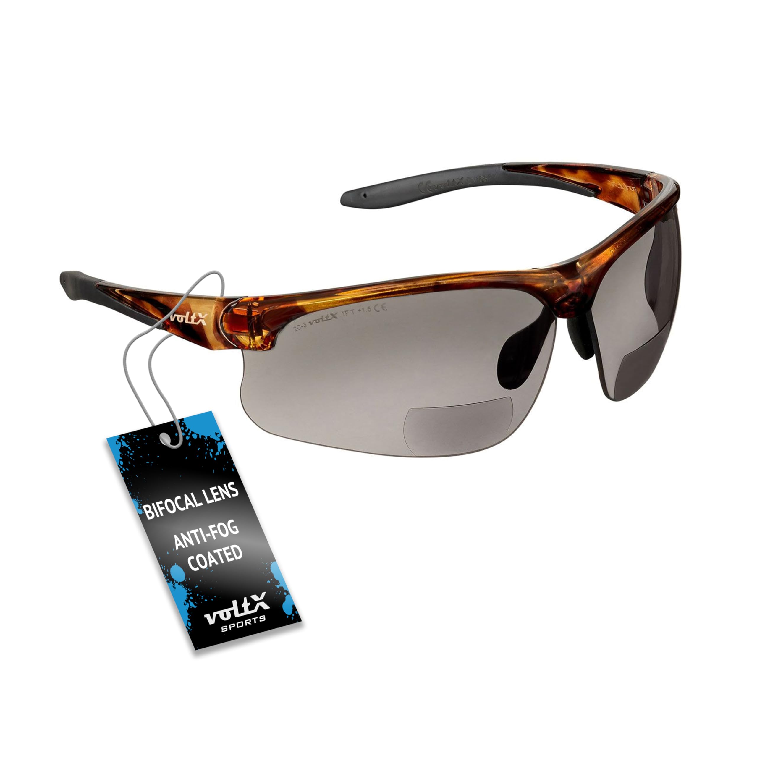 voltX 'ULTIMATE SPORTS' Bifocal Safety Glasses (Tortoise Frame, Smoke Lens +1.0 Dioptre) - Anti Fog Coated UV400 lens - Adjustable nosepiece - Microfibre Carry Bag