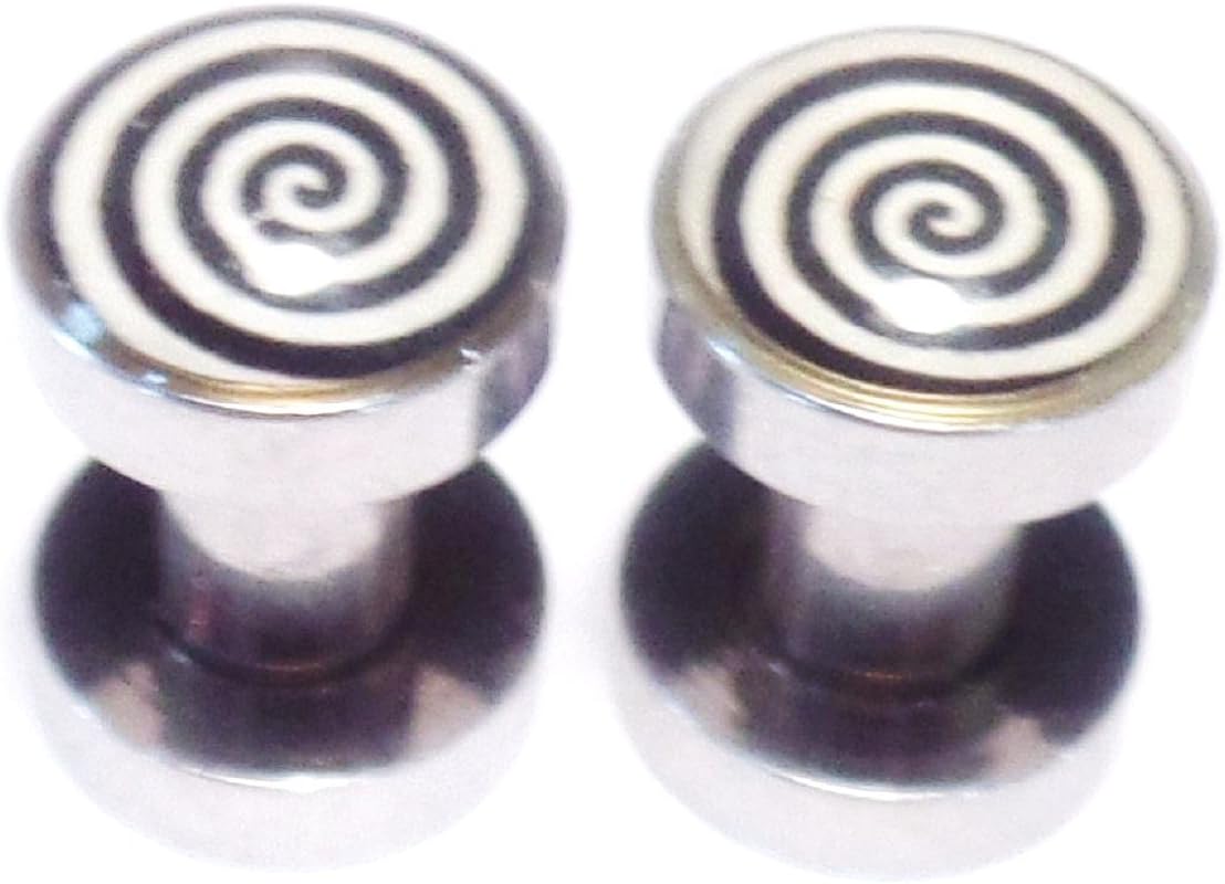 Pair of 6 Gauge 4mm 5/32" Stainless Steel Ear Plug Earlet with Black and White Hypnotic Psychedelic Spiral Design on One Side Piercing Internally Threaded Surgical Steel Cartilage Jewelry Piercing Gauge Body Jewelry