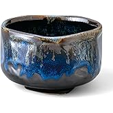 WELL ORIGIN Handmade Ceramic Matcha Tea Bowl Authentic Japanese Tea Ceremony Pottery, Mino Ware Made in Japan, Black Blue Drip