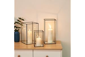 PHOSPHOR Glass Hurricane Candle Holder Set of 3 PCS Large Glass Square Candle Holder Black Lanterns Decorative for Pillar Candle Indoor Candle