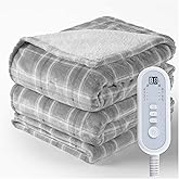 Heated Blanket Electric Twin, Heating Blanket with 8 Fast Heating Levels & 10 Hours Auto Shut-Off, Grey White Plaid Washable Warm Soft Flannel Blanket Gift for Couch Bed Office, ETL Certified