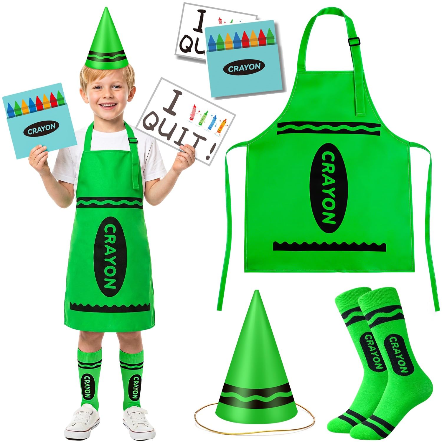 iZoeL Green Crayon Costume Set Boys Girls World Book Day Costumes Kids 2026 – Apron, Hat – Crayon Character WBD Fancy Dress Ideas for Childrens School Book Characters WBD Outfit Book Week Dress-Up