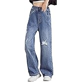 SANGTREE Girls Baggy Jeans Wide Leg Jeans Elastic Waist Casual Denim Pants Kids Clothes Ripped Dark Blue 11-12 Years = Tag 160