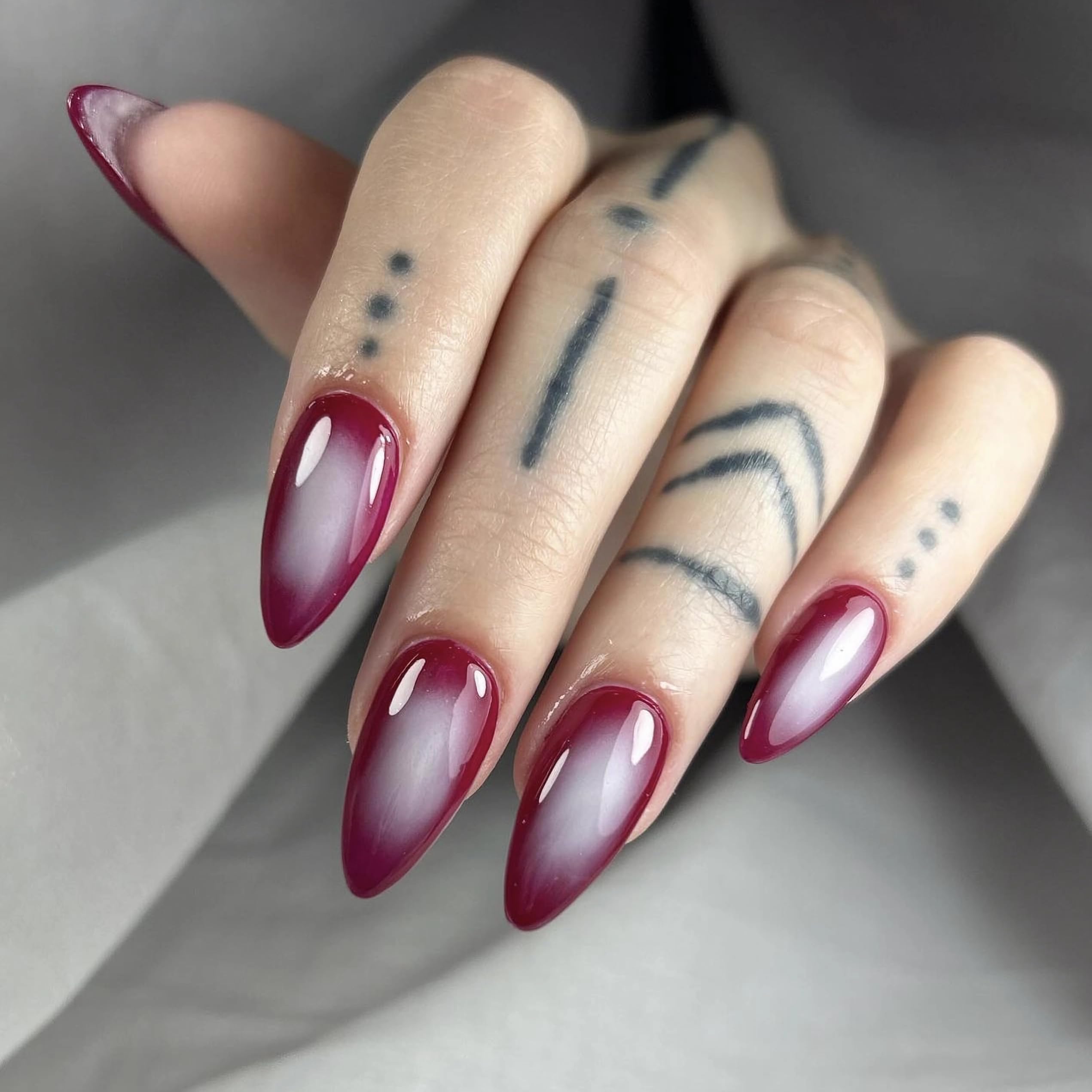 MERVF Almond Press on Nails Medium Fake Nails Aura Rose Red Stiletto Glue on Nails Gradient Press ons with Goth Design Acrylic Nails 24pcs Glossy