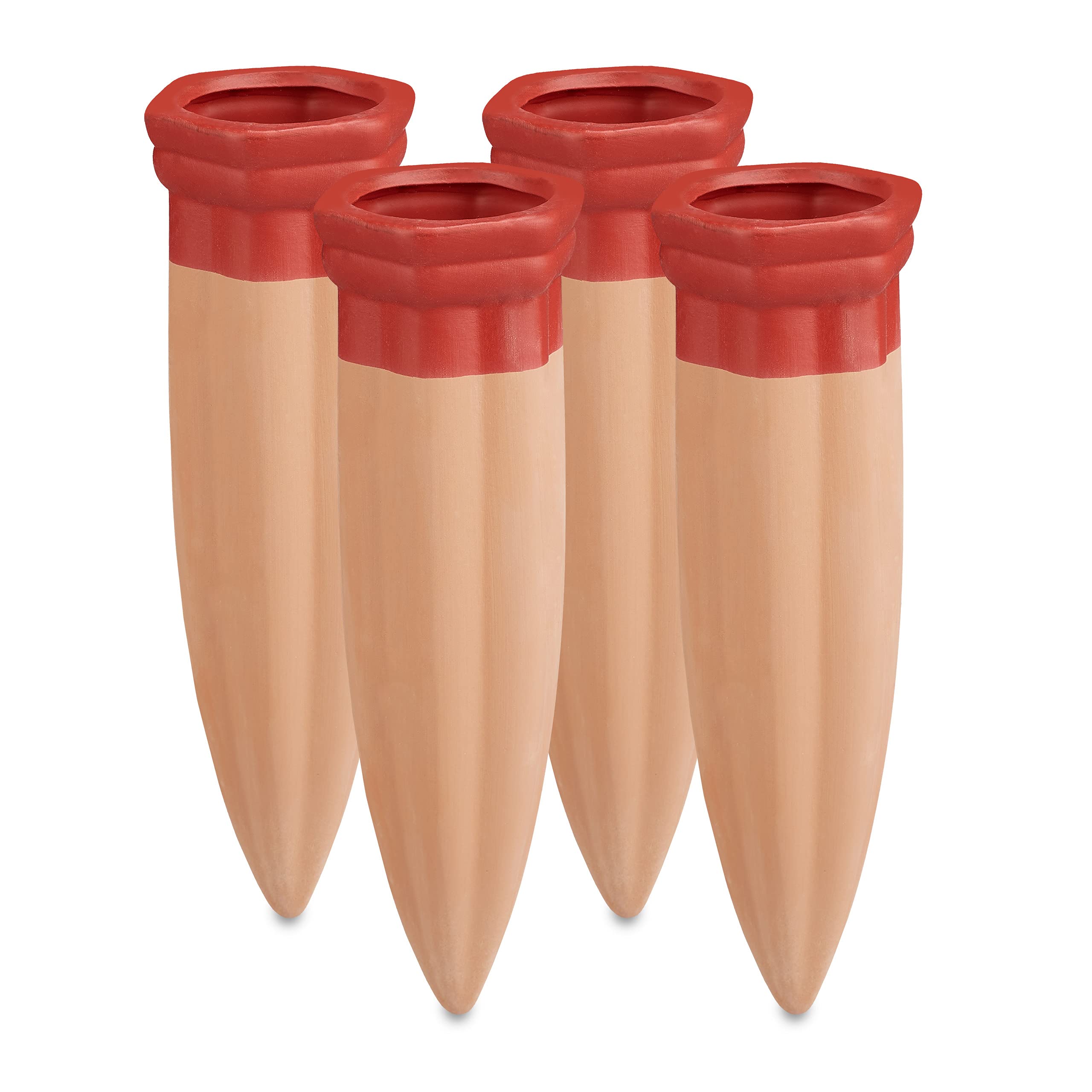 Relaxdays watering spikes, set of 4 clay plant waterers, self-watering system, use with 1.5 l bottles, terracotta/red
