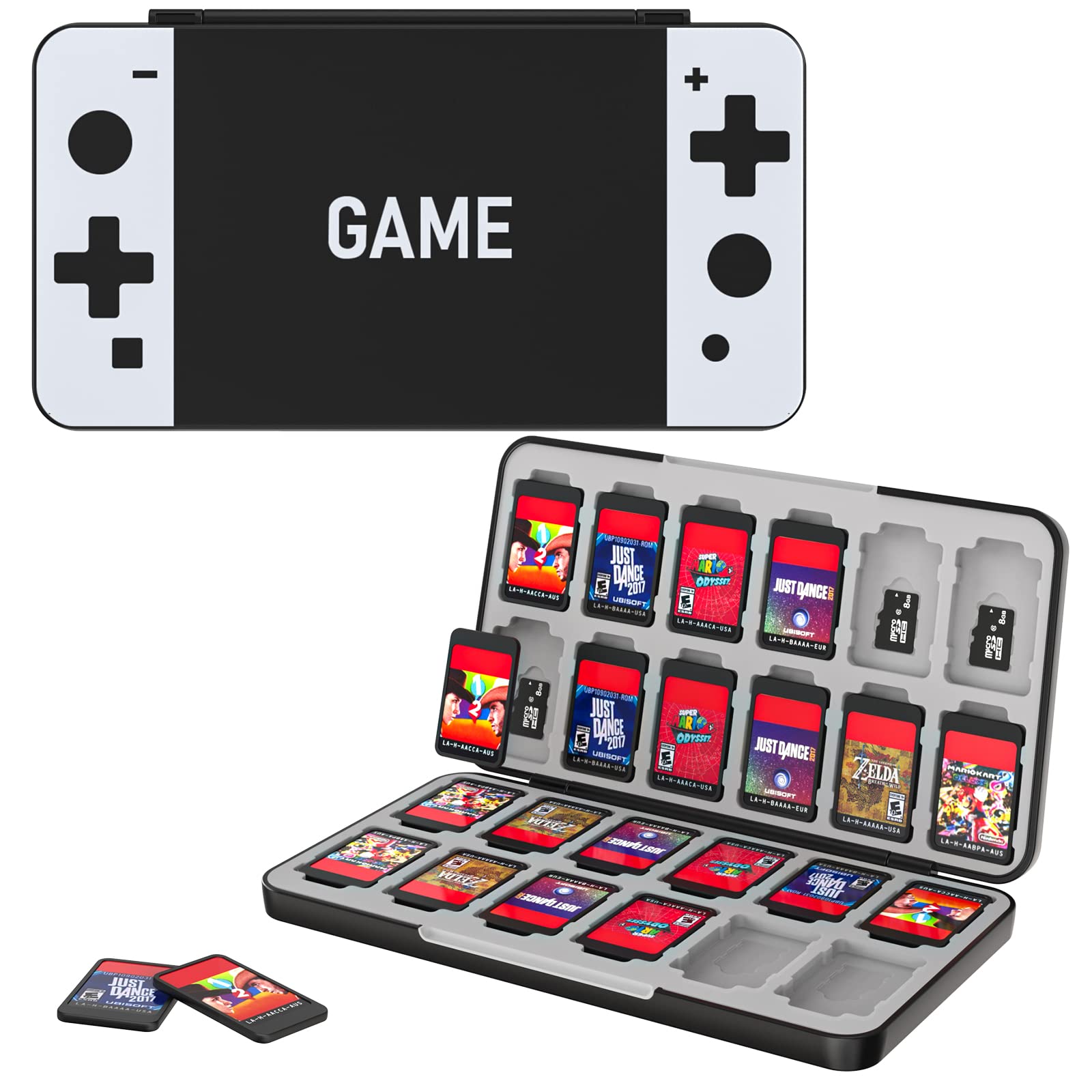 MoKo 24 ゲームカードケース Nintendo Switch OLED 2021/Switch/Switch Lite対応 スイッチゲームホルダーケース ゲームカード&SDカード用 スリム&ポータブルゲームカード収納ボックス ブラック&ホワイト ゲーム