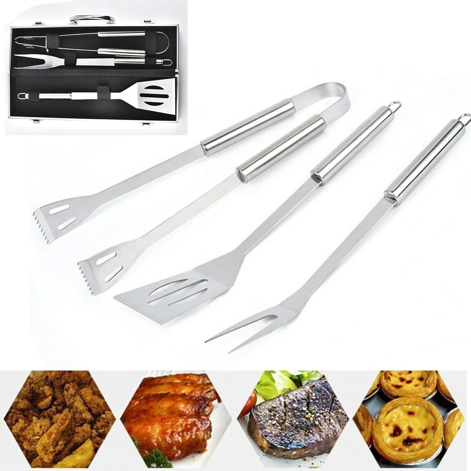 BBQ Barbecue Tool Set, 3 Pcs Stainless Steel Barbecue Grill Cooking