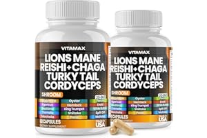Vitamax Lions Mane Mushroom 3000mg Turkey Tail 2000mg Chaga & Reishi 1000mg Cordyceps Shiitake White Elm King Trumpet Nameko Oyster Porcini Focus & Energy - Made in USA - 2-Pack (120ct)