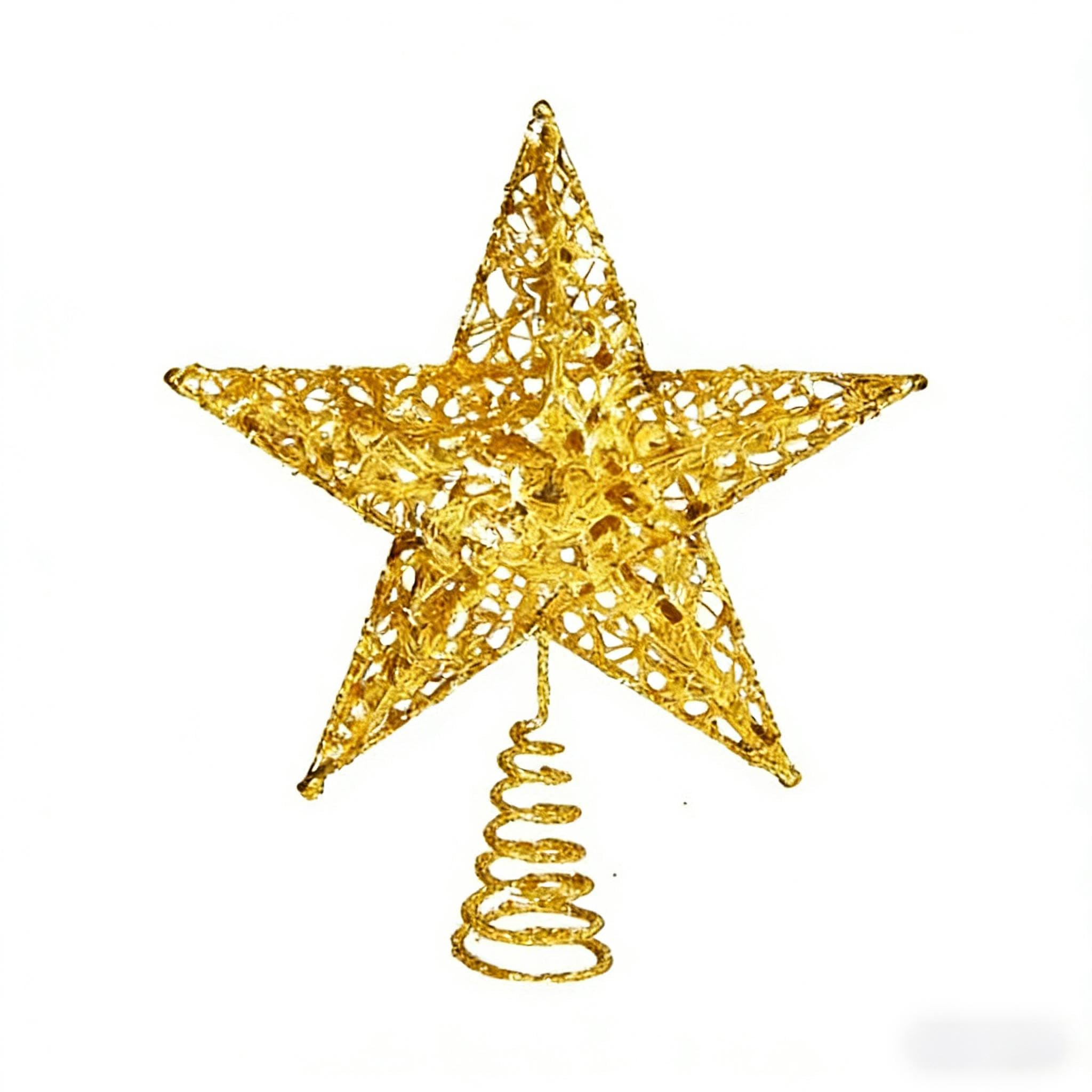 Gold Glitter Star Christmas Tree Topper | Hollow Metal Glitter Star for Xmas Tree & Home Decoration – 20cm/8Inch Width, 25cm/10Inch Height