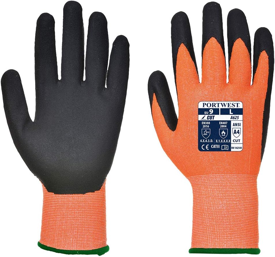 Portwest Vis-Tex Cut Resistant Glove - PU, Size: XL, Colour: Orange/Black, A625O8RXL, Orange / Black