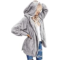 luvamia Women Fuzzy Fleece Open Front Pockets Hooded Cardigan Jacket Coat Outwear