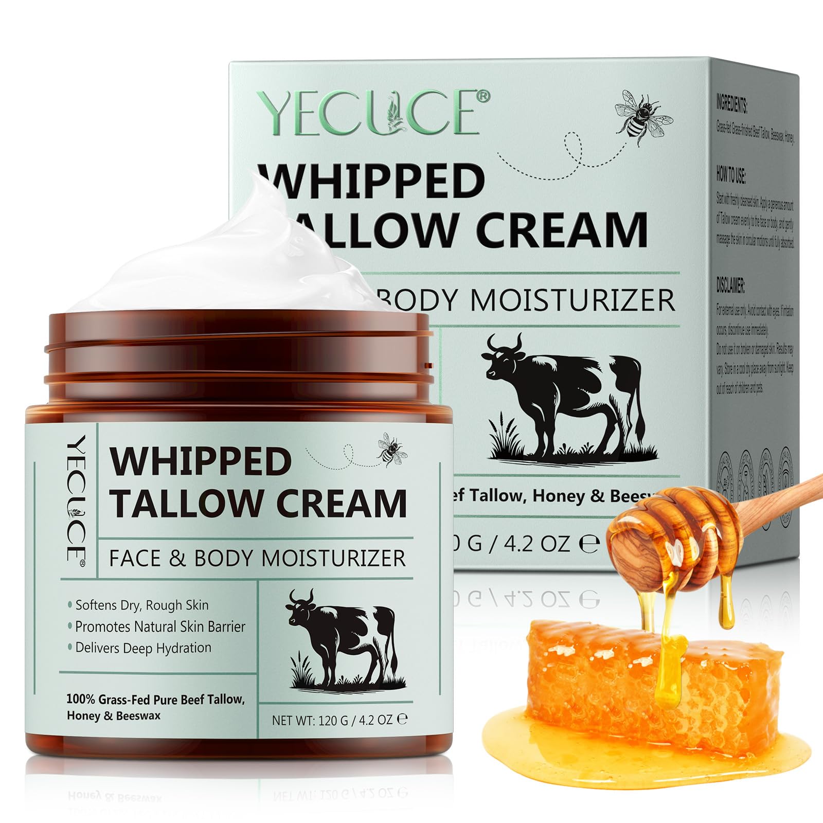 Whipped Beef Tallow Balm for Skin 120g, Tallow Face Moisturizer for Sensitive Skin, Organic Grass Fed Tallow Balm to Repair Damaged Dry Skin, Unscented Skincare for All Skin Types
