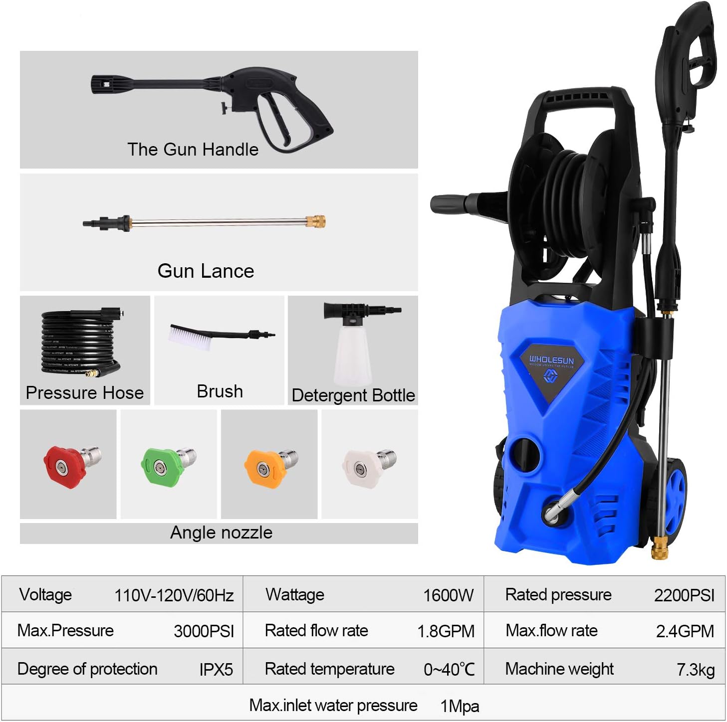 WHOLESUN 3000PSI Electric Pressure Washer 2.4GPM 1600W Power Washer with Hose Reel and Brush Green : Garden & Outdoor