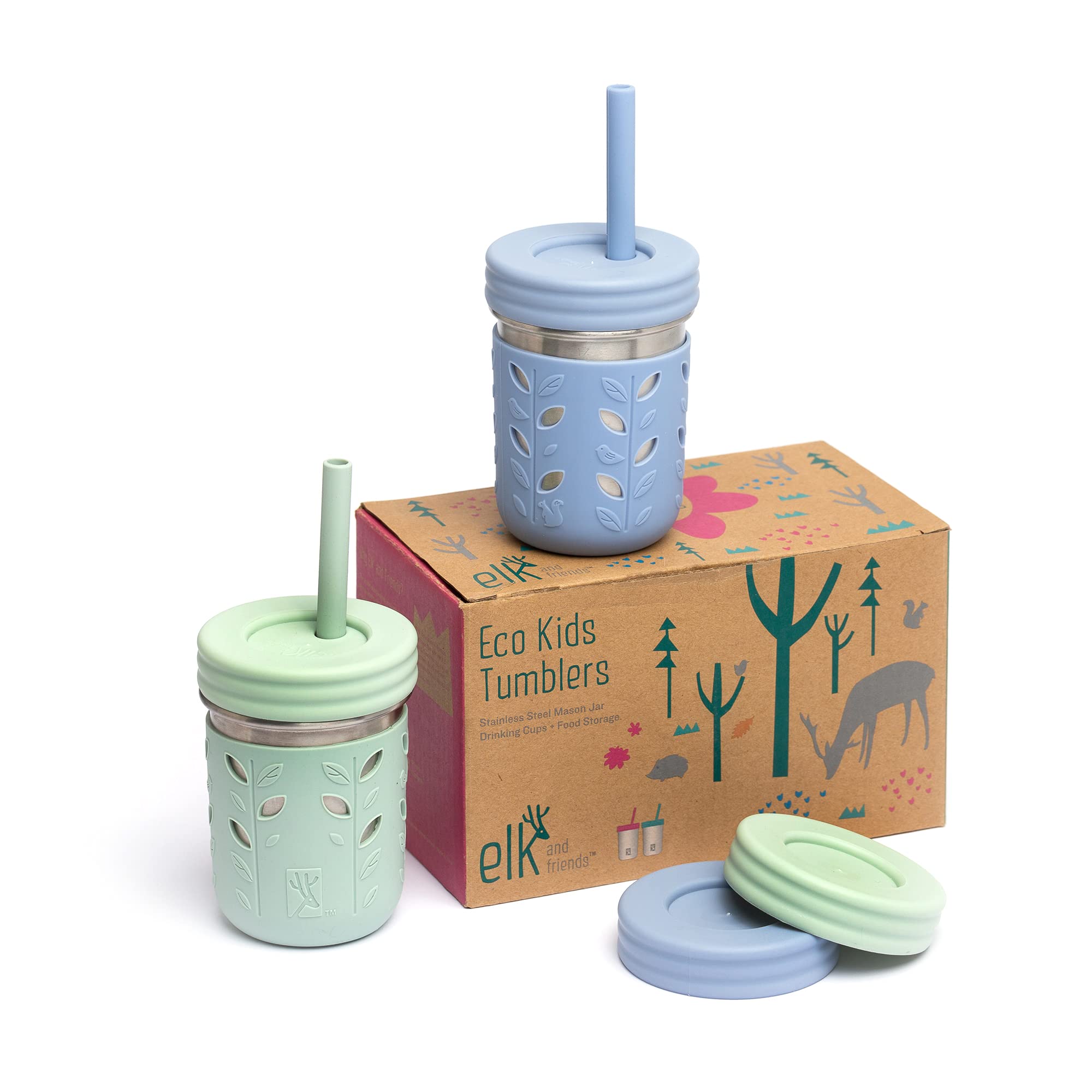 Elk and Friends 10oz Stainless Steel Kids + Toddler Drinking Cups | The Original Mason Jars with Lids + Sleeves + Straws | Smoothie Cups | Spill Resistant | Dishwasher Safe | 2 Pack