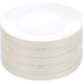 Bestluck 100 PCS Gold and White Plastic Plates, 10 inch White Disposable Plates for Party, Plastic Dinner Plates for Party, Graduation, Birthday, Wedding