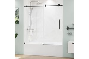 MORDEER Frameless Tub Door 56-59" W x 59" H, Bathtub Glass Shower Door with 5/16"(8mm) SGCC Clear Tempered Glass, Tub Shower Doors with Stainless Steel Hardware in Matte Black, Reversible Installation
