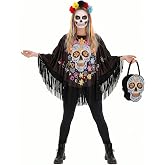 PARTY TELLER 3 PCS Day of the Dead Costume for Women Sugar Skull Poncho | Sugar skull costume with flower headband and matching tote bag for day of the dead themed halloween cosplay parties.