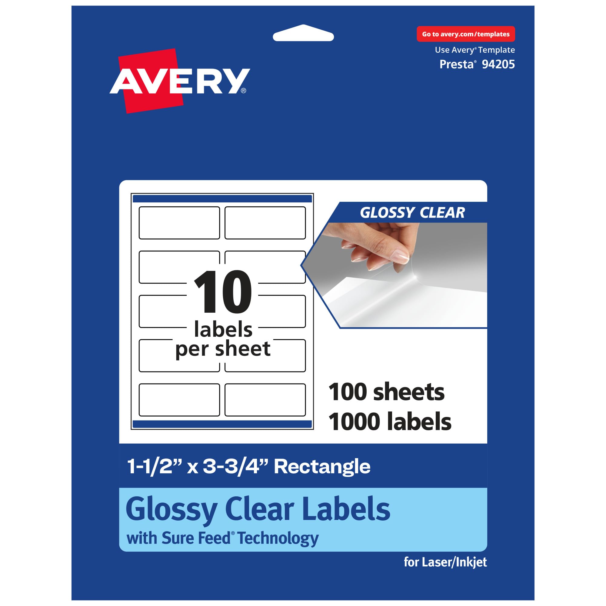 Avery Glossy Clear Rectangle Labels, Sure Feed Technology, 1.5″ x 3.75″, 1,000 Glossy Clear Labels, Print-to-The-Edge, Laser/Inkjet Printable
