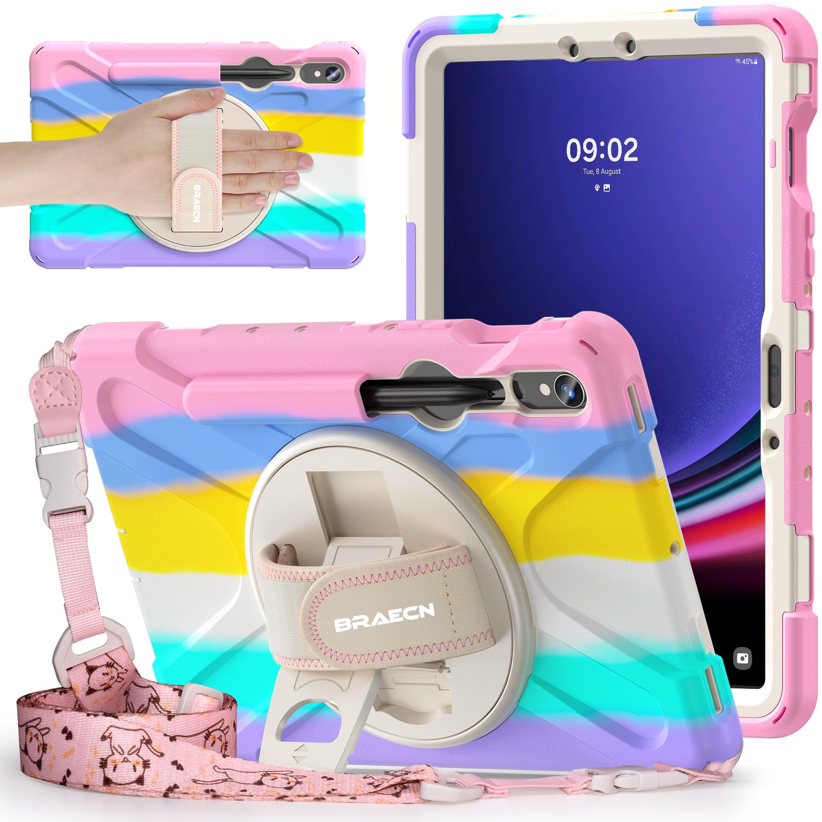 Photo 1 of BRAECNstock Kids Case for Samsung Galaxy Tab S10 Lite/ S10 FE/ S9 FE/ S9/ S8/ S7 5G 10.9"/ 11", Shockproof Protective Case with Pen Holder, Rotating Hand Strap & Stand, Shoulder Strap, Colorful Pink
