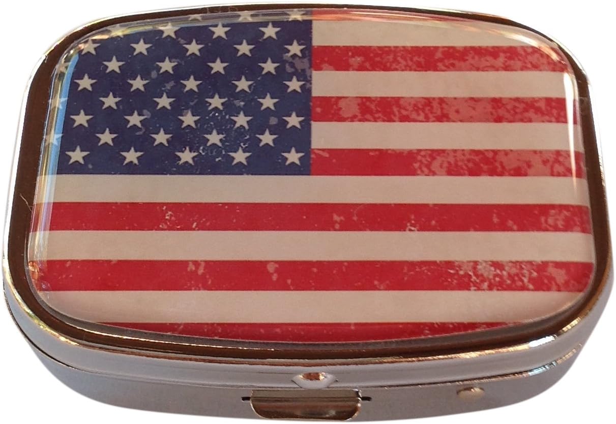 Vintage American Flag Silver Two Compartment Rectangular Pocket/Purse/Travel Pill Box