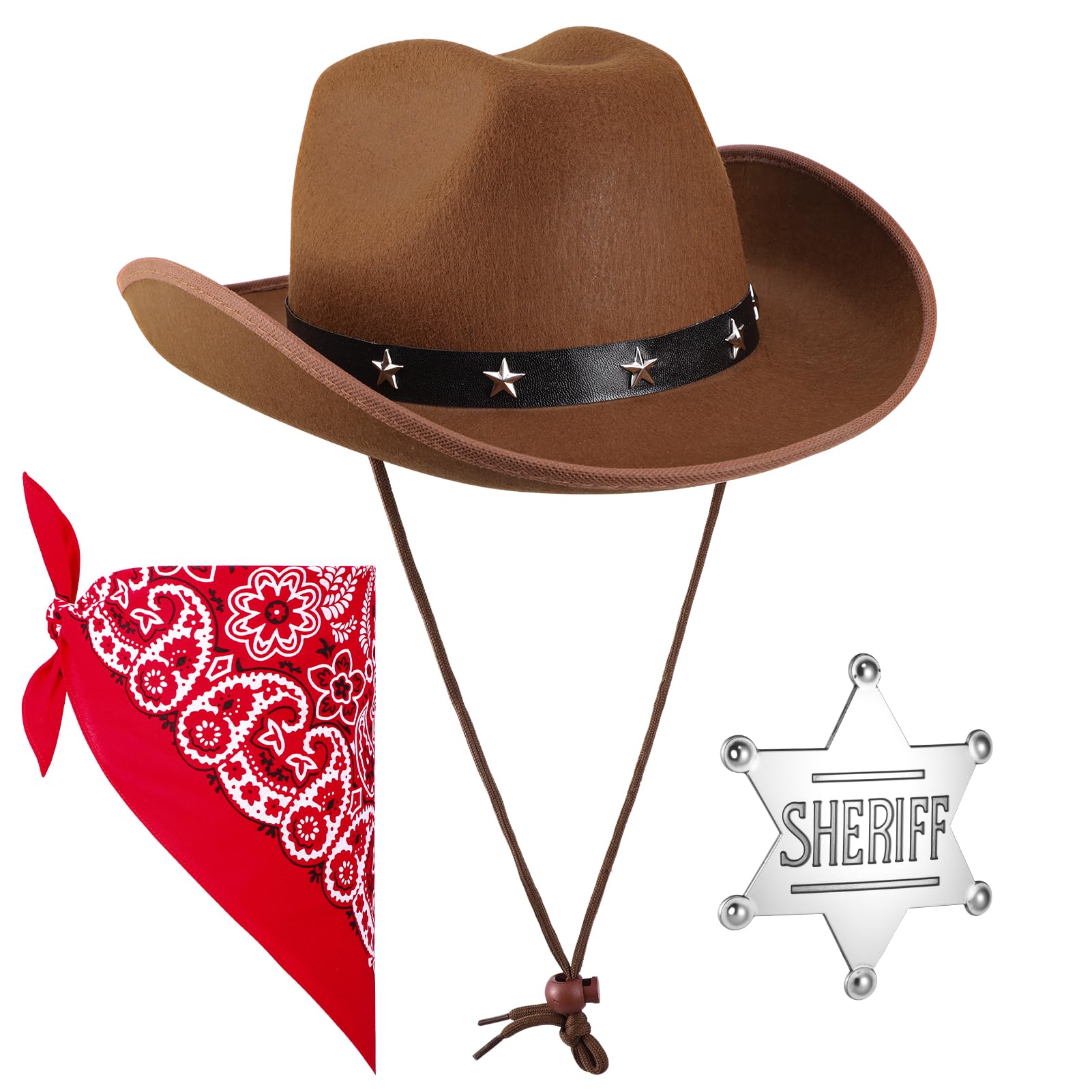 Partideal 3 pieces Cowboy Hats for Women and Men, Western Cowboy Hat with Bandanas and Wild West Sheriff Badge Western Fancy Dress Party Accessory for Adults, red +brown