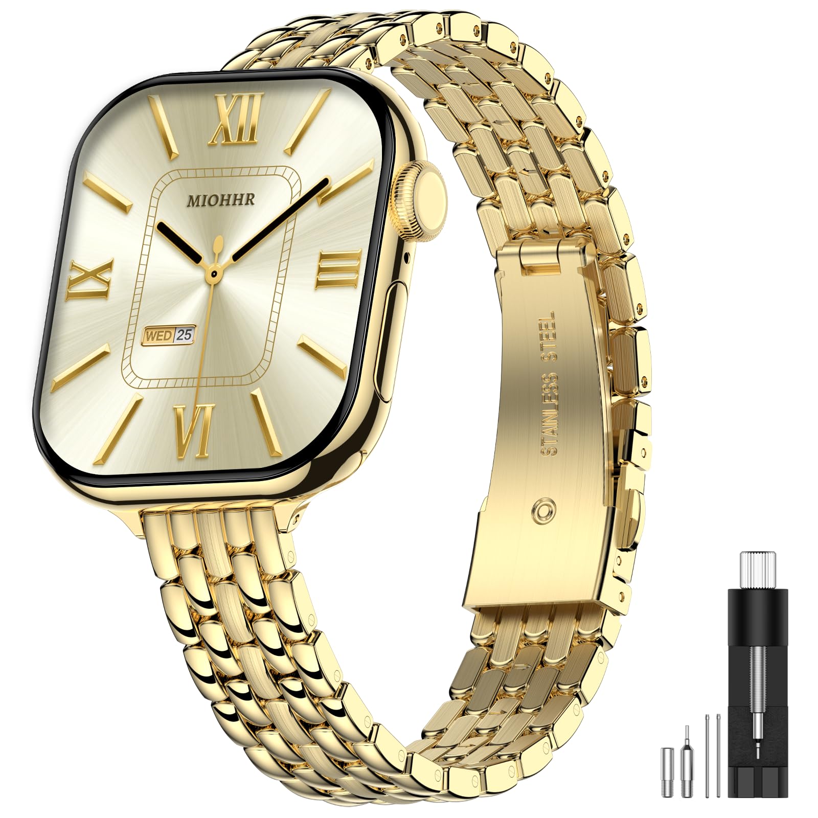 Photo 1 of MioHHR Slim Metal Bands Compatible with Apple Watch Band 49mm 46mm 45mm 44mm 42mm (Series 3/2/1), Thin Stainless Steel Bands for Women iWatch Series 11 10 9 8 7 6 5 4 3 2 1 SE3/2/1 Ultra 3/2/1, Gold
