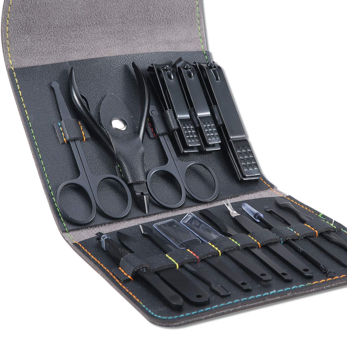Leipple Manicure Set Professional Pedicure Kit Nail Care Tools - 16 in 1 Stainless Steel Nail Clippers Tools - Grooming Kit with Luxurious Leather Travel Case (Black)