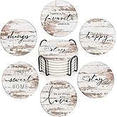 Bribay Coasters for Drinks Set of 6, Vintage Rusty Wood Farmhouse Home Happy Saying Absorbent Round Ceramic Stone Mat, with Cork Base and Metal Holder, Gift for Housewarming Room Bar Decor