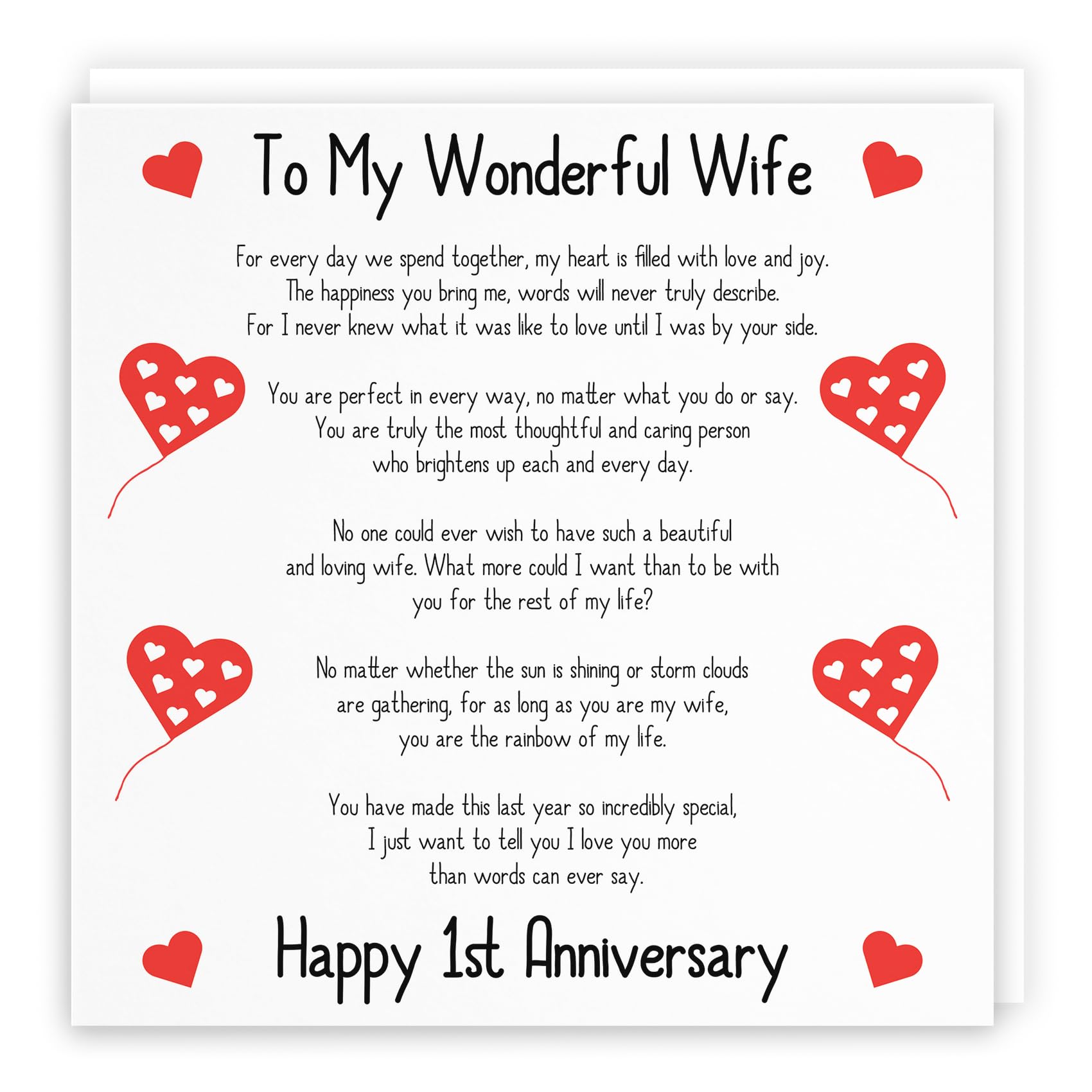 Hunts England - Large Romantic Wife 1st Wedding Anniversary Card - To My Wonderful Wife - Happy 1st Anniversary - Romantic Verses Collection - Large - 210 x 210 mm - 1 Year