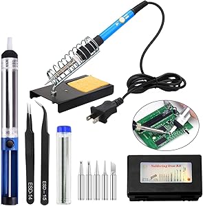 Sonrinss 60W Soldering Iron Kit Electronics, 110V Adjustable Temperature Welding Tools, 5Pcs Soldering Tips, 2Pcs Tweezers, Desoldering Pump, Soldering Iron Stand for Welding, Electronic Work, Crafts