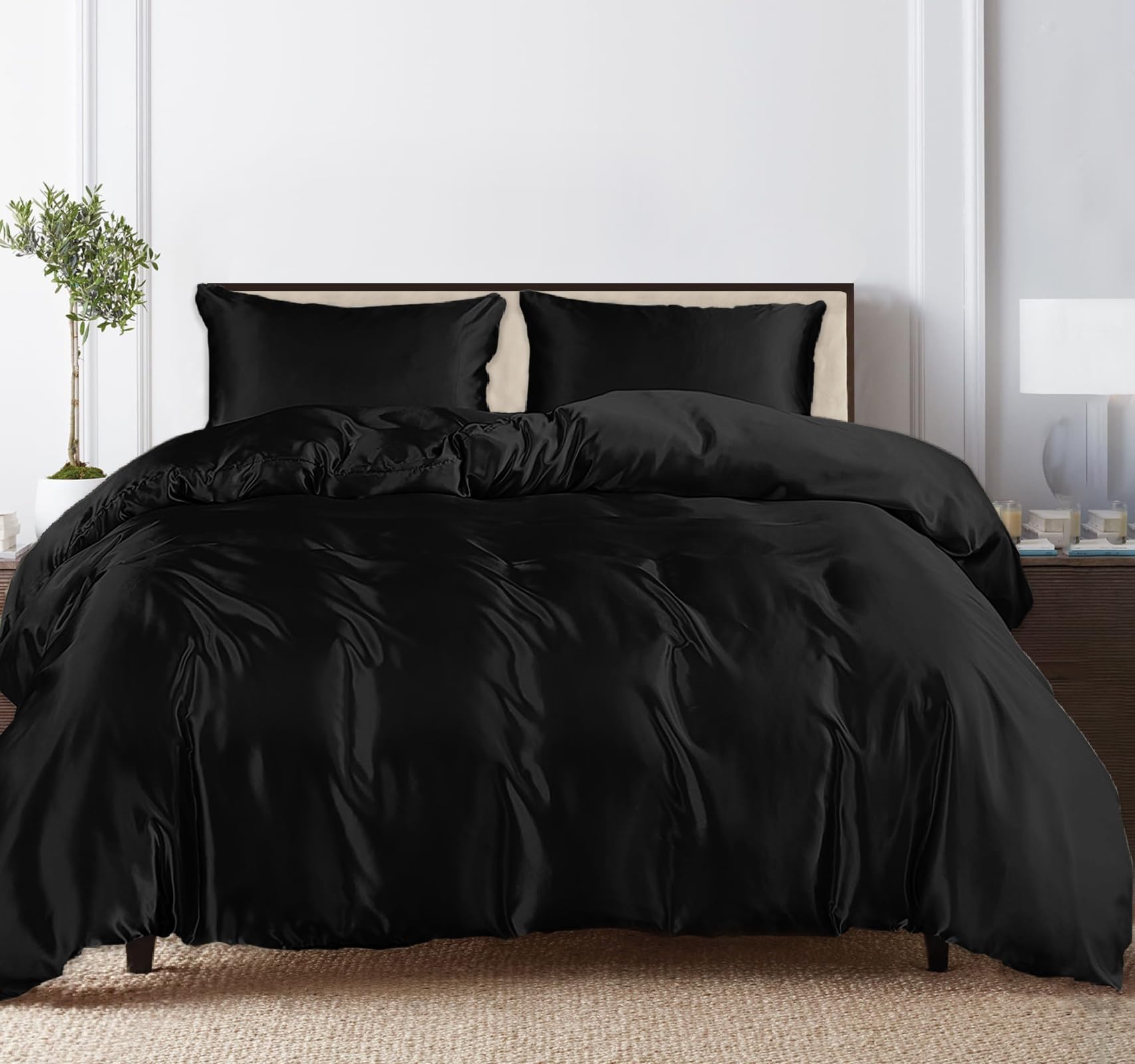 LINENWALAS Super King Duvet Cover Set, 100% Tencel Eucalyptus Silk Quilt Cover Set, Softer than Egyptian Cotton, Natural Moisture Wicking Bedding Set (SuperKing, Jet Black) — image 1