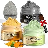 Facial Clay Mask Set - Vitamin C Turmeric Face Mask, Dead Sea Mud & Salicylic Acid (BHA) Mask for Pore Cleansing, Brightening, Blackheads & Dark Spots, Face Masks Skincare Gift for Women, 2.82 oz each