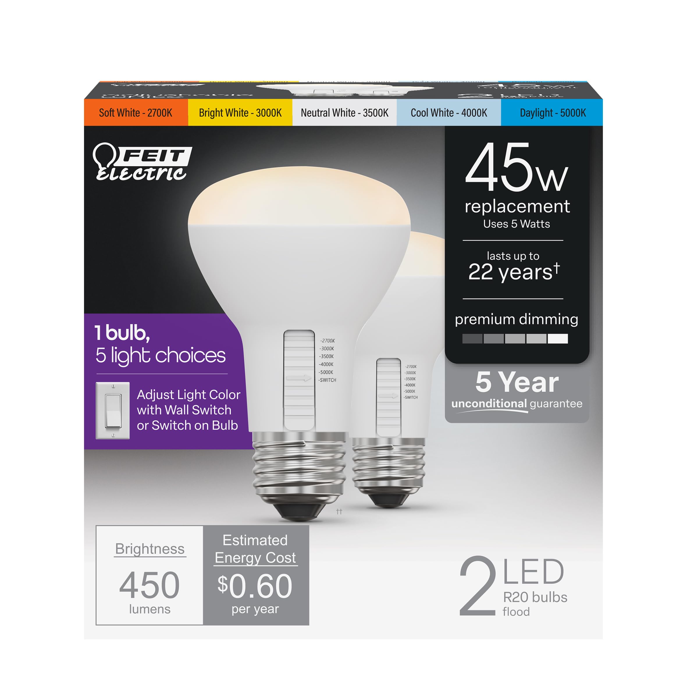 Photo 1 of Feit Electric R20 LED Light Bulb, 45W Equivalent, Dimmable, Color Selectable 6-Way, 5CCT, E26 Medium Base, 90 CRI, 450 Lumens, Damp Rated Track or Spot Light, 22-Year Lifetime, R20DM/6WYCA/2, 2 Pack