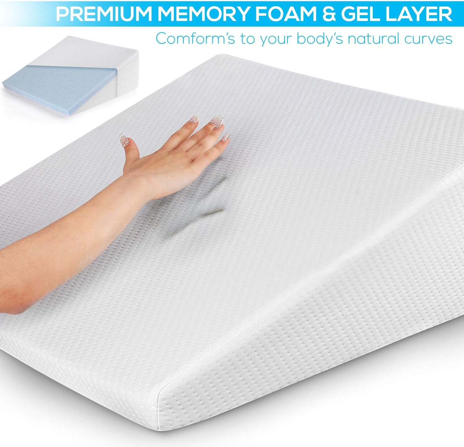 HEALTHEX Bed Wedge Pillow Cooling Gel Memory Foam Top – Elevated Support Cushion for Lower Back Pain, Acid Reflux, Heartburn, Allergies, Snoring – Ultra Soft Removable Cover – 10 inch Wedge: Health & Personal Care