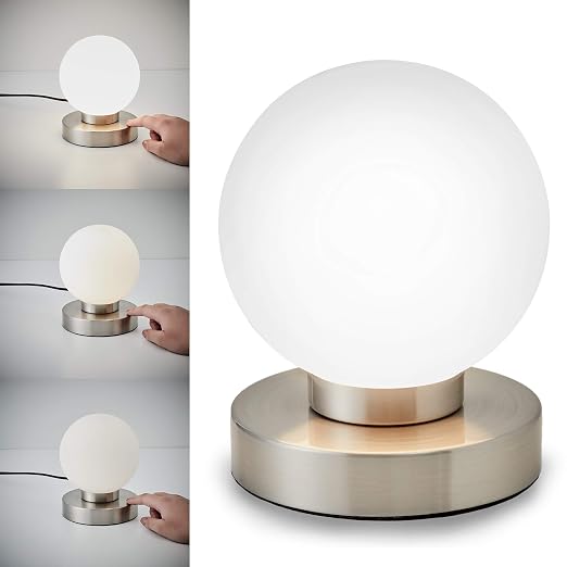 Lampada Da Comodino Forma A Sfera Interruttore Touch Luce Da Tavolo Abat Jour Dimmerabile Metallo Cromato E Vetro Bianco 25w Attacco Per